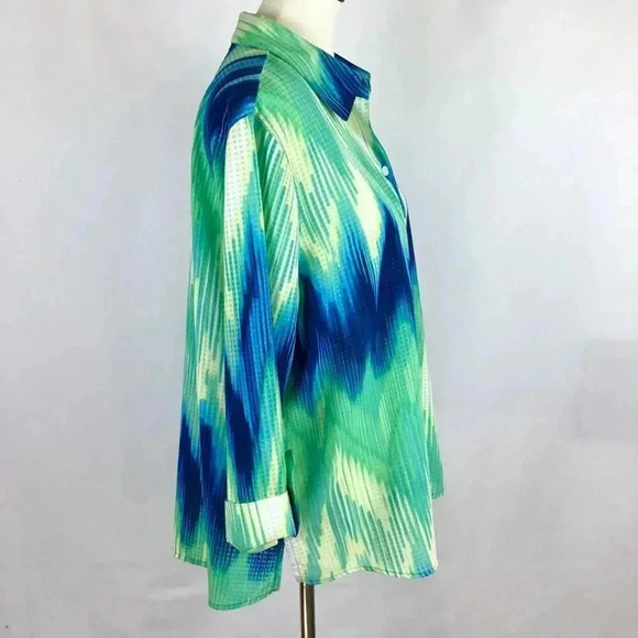 Alia Sheer Gingham Tye Die Button Down Top Shirt Blue Green Yellow Zigzag 16 - Picture 3 of 12